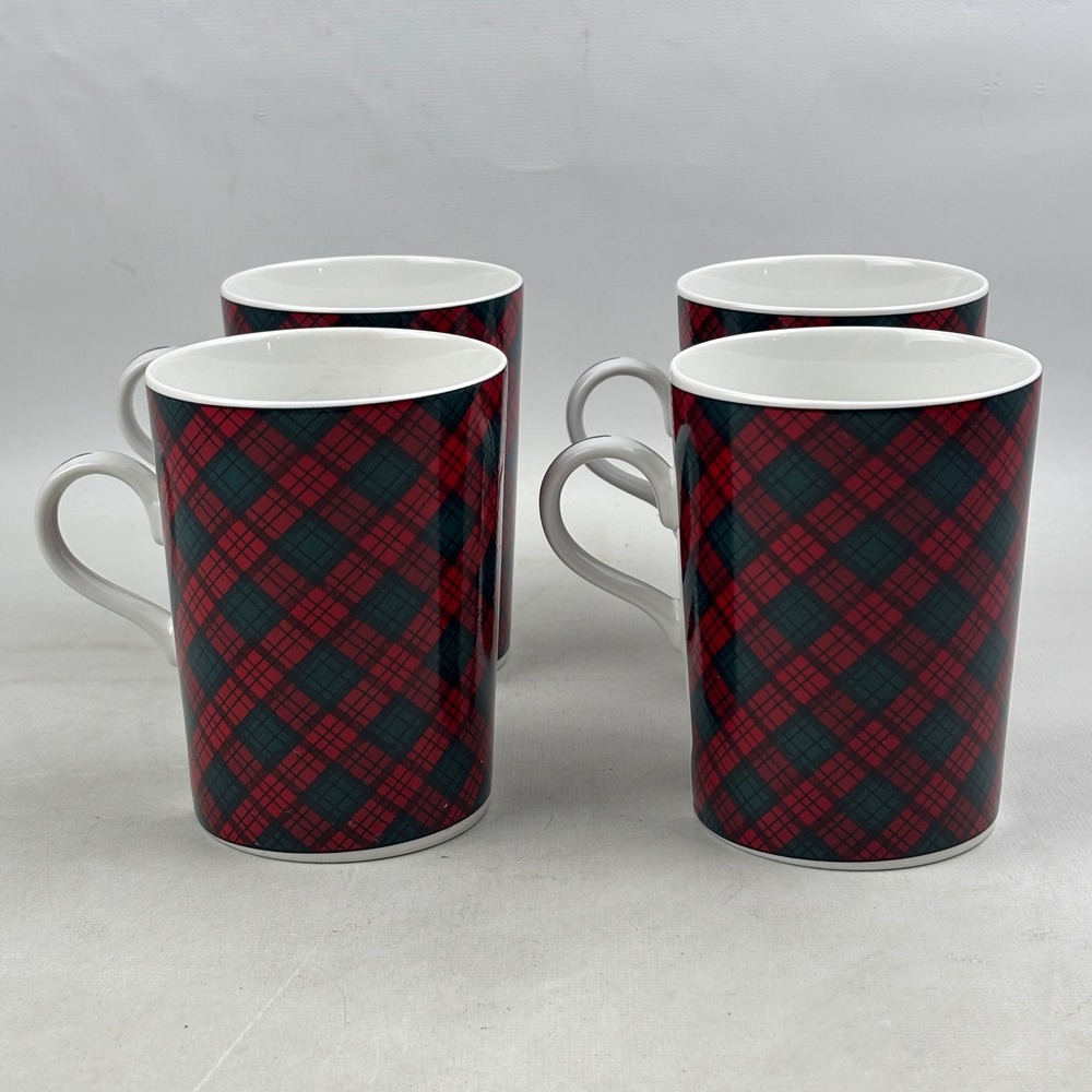 Sasaki Tartan Coffee Mug Set of 4 Red Green Plaid Christmas Charles Roberts 4"